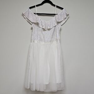 Off-Shoulder Silver Sequin and White Tulle Dress Size L New W/out Tag